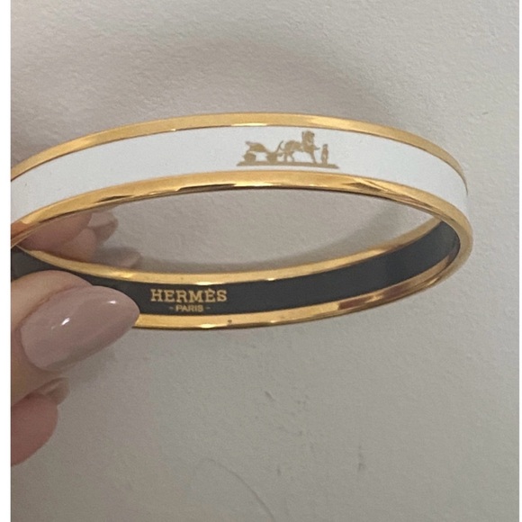 Hermes Jewelry - Hermes White Enamel and Gold Trim Bangle Bracelet